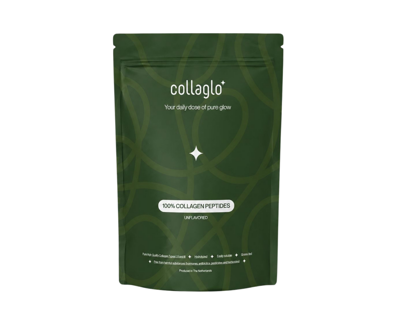 Green package of collaglo collagen peptides on a white background