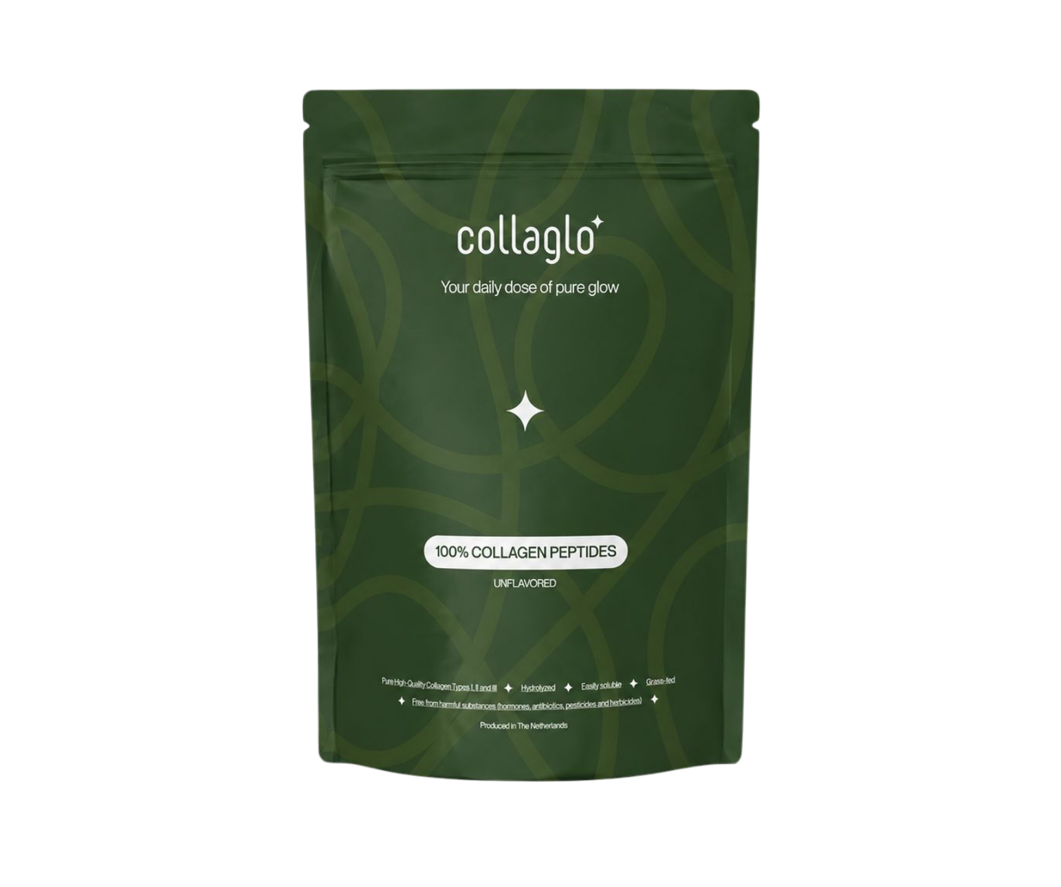 Green package of collaglo collagen peptides on a white background