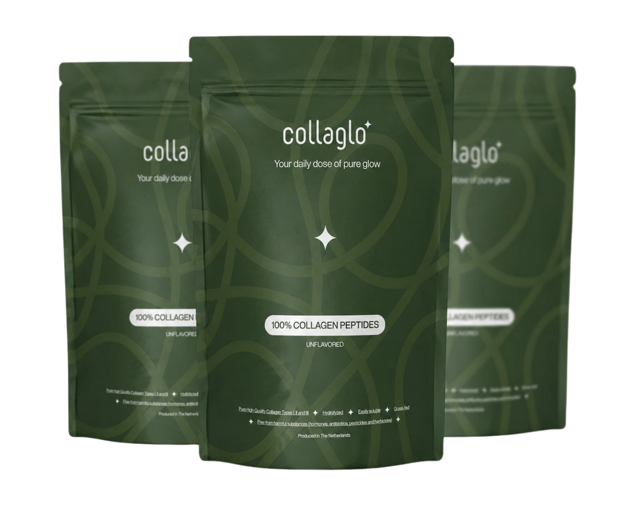 Three green packages of collaglo collagen peptides on a white background