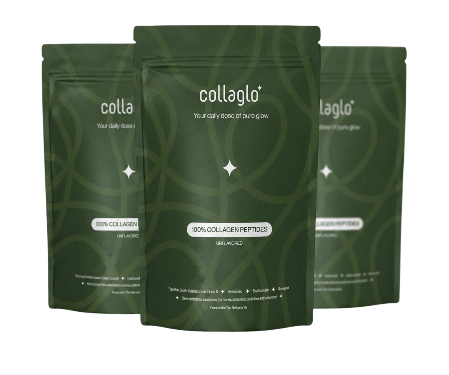 Three green packages of collaglo collagen peptides on a white background