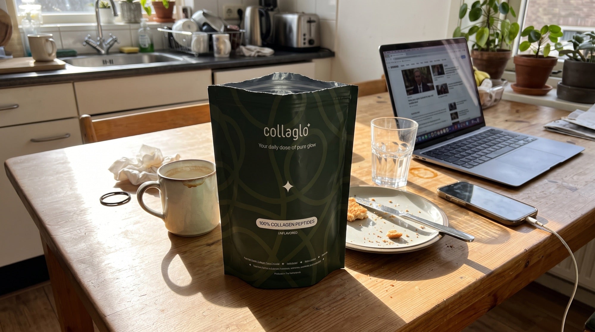 CollaGlo pouch on a kitchen desk